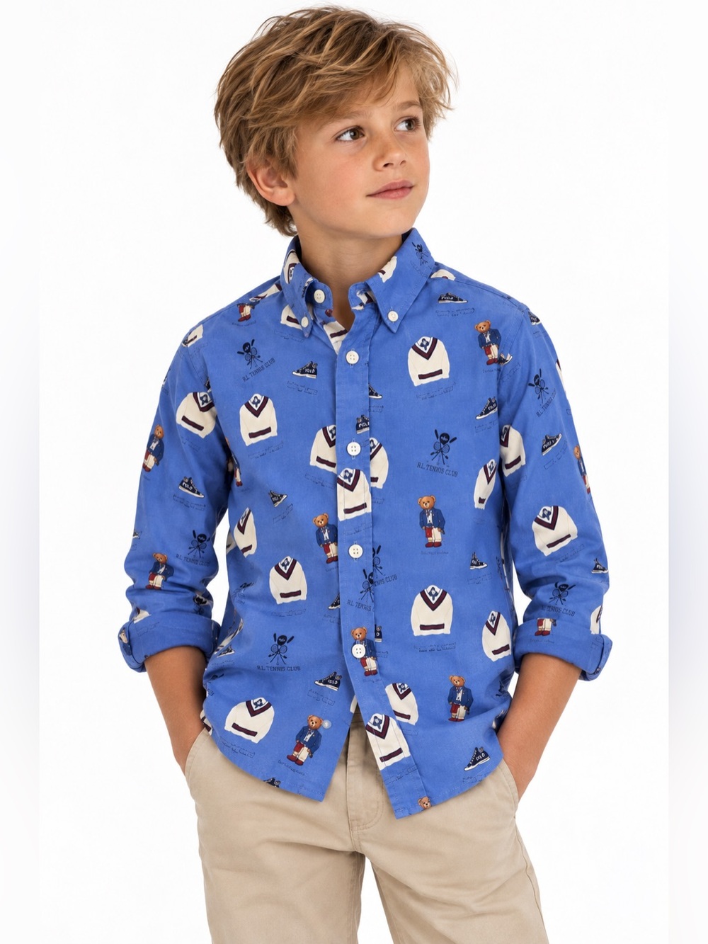 Ralph Lauren Icon-Print Oxford Shirt Boys 7 Polo Bear Tennis 100% Cotton
